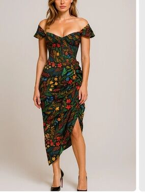 Whisper KYLIE MIDI DRESS Small New!! Off shoulder Ruched